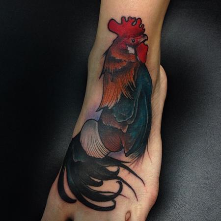 Jon von Glahn - rooster cock color foot tattoo 